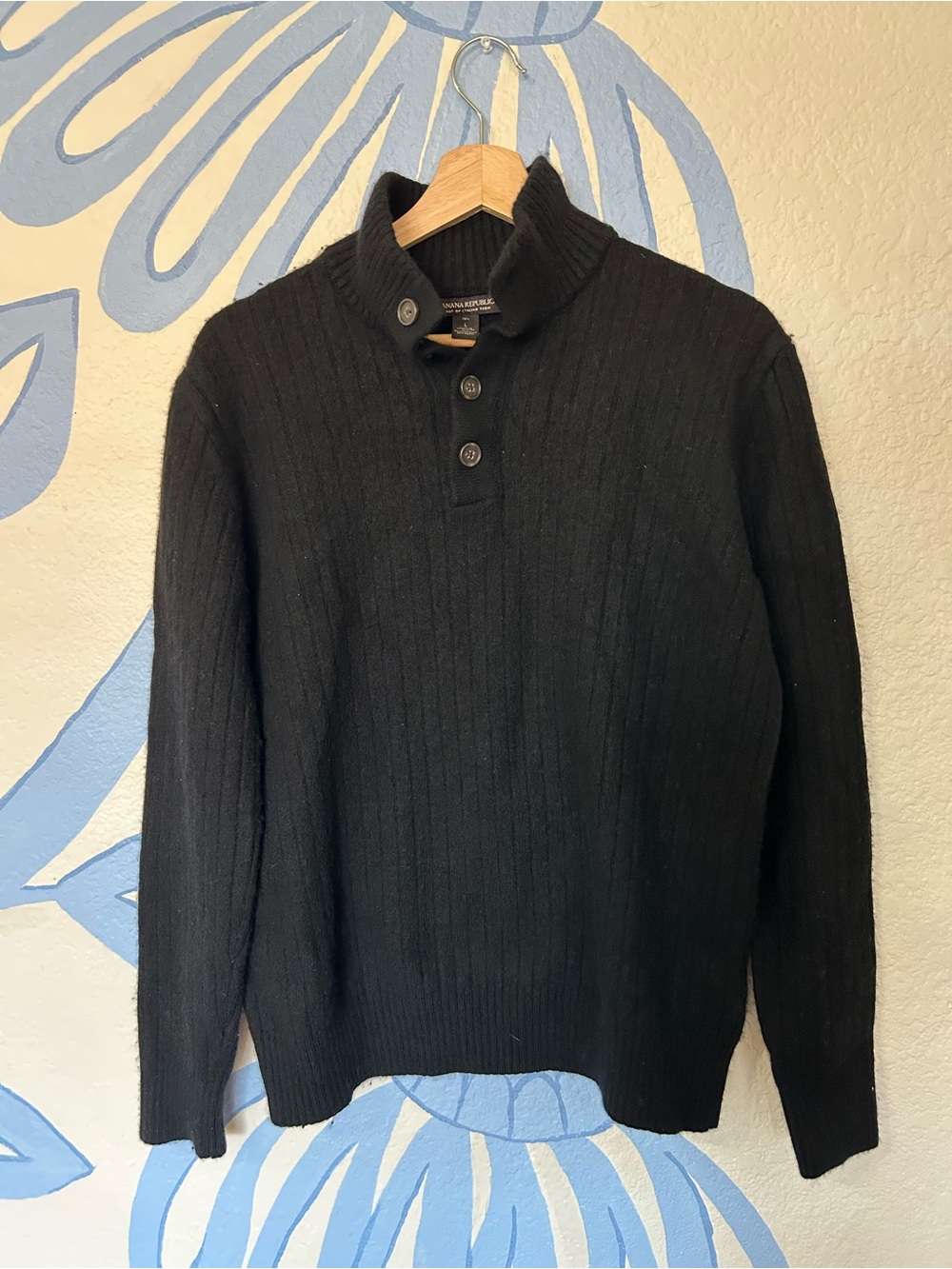 Banana Republic Men's Italian Wool Blend Mock Neck Button Sweater Black